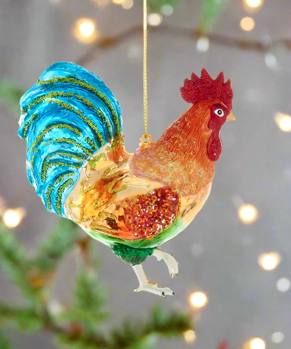 Sparkly Glass Rooster Ornament